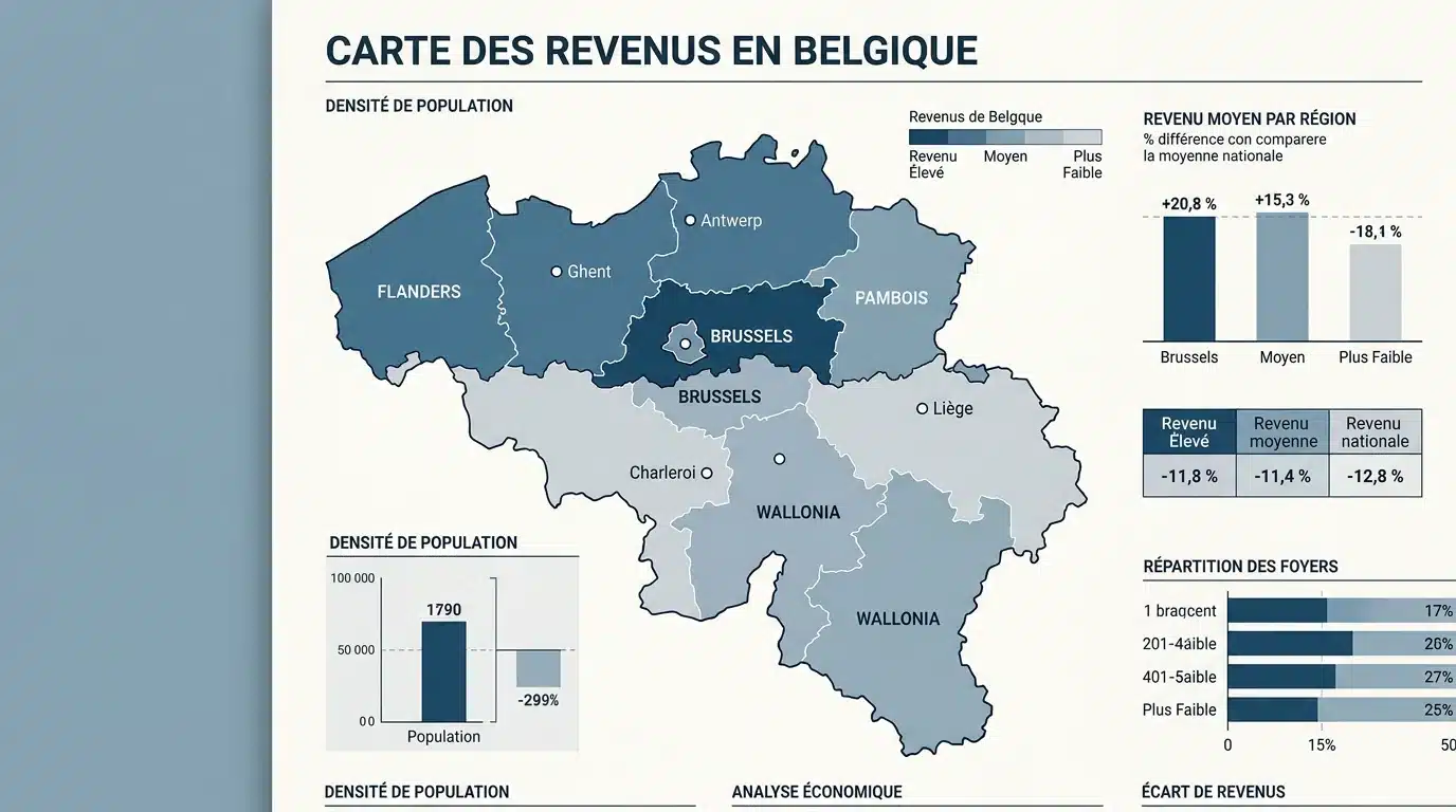 Carte des revenus nets imposables en Belgique par région