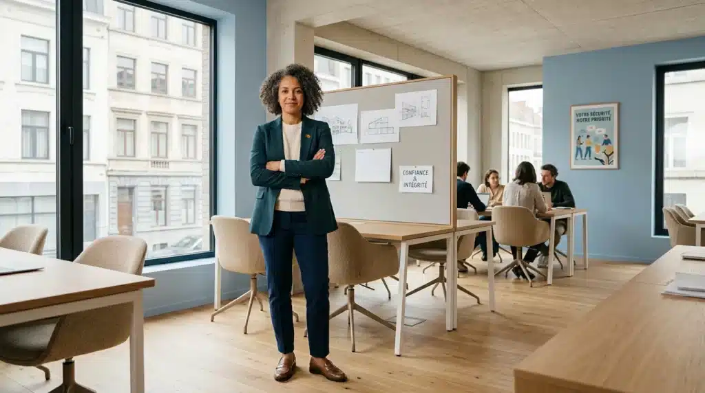 Indépendant serein dans son espace de travail, protégé par son assurance responsabilité civile