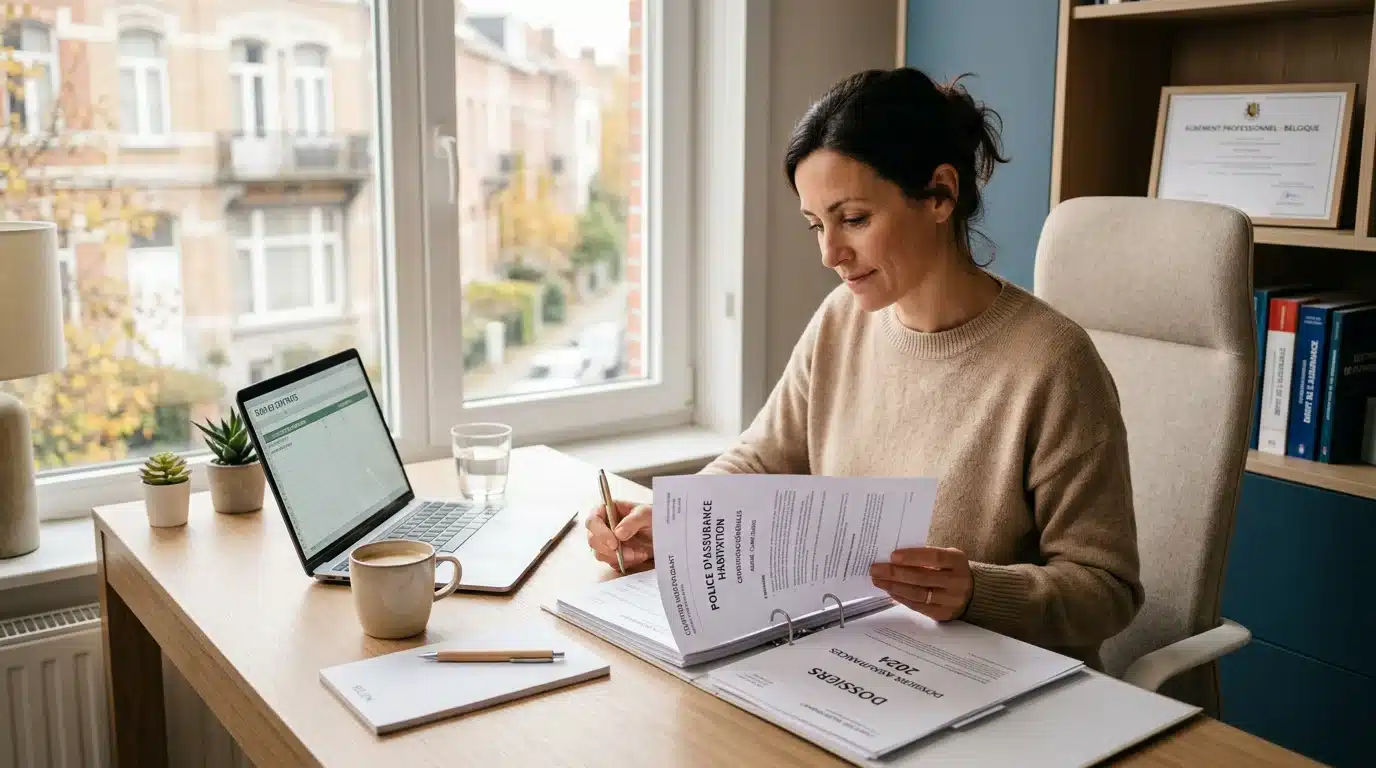 Un indépendant examine ses contrats d'assurance responsabilité civile à son bureau