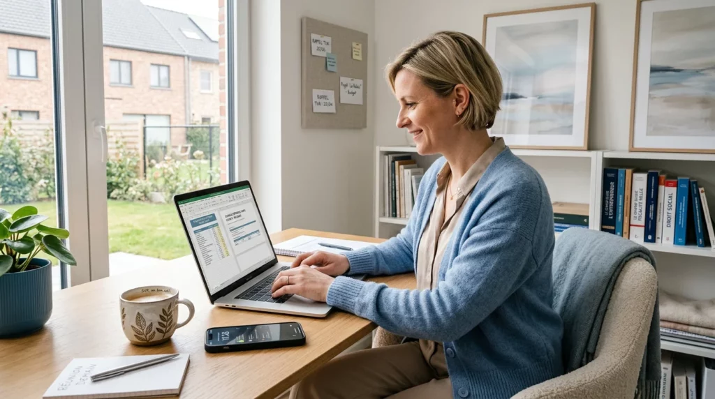 Indépendant travaillant sur son ordinateur portable à domicile, illustrant les frais mixtes