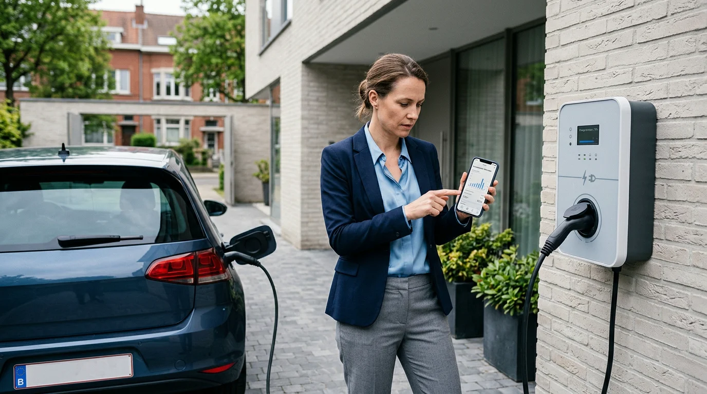 Voiture électrique en recharge devant une habitation, illustrant les frais mixtes de véhicule