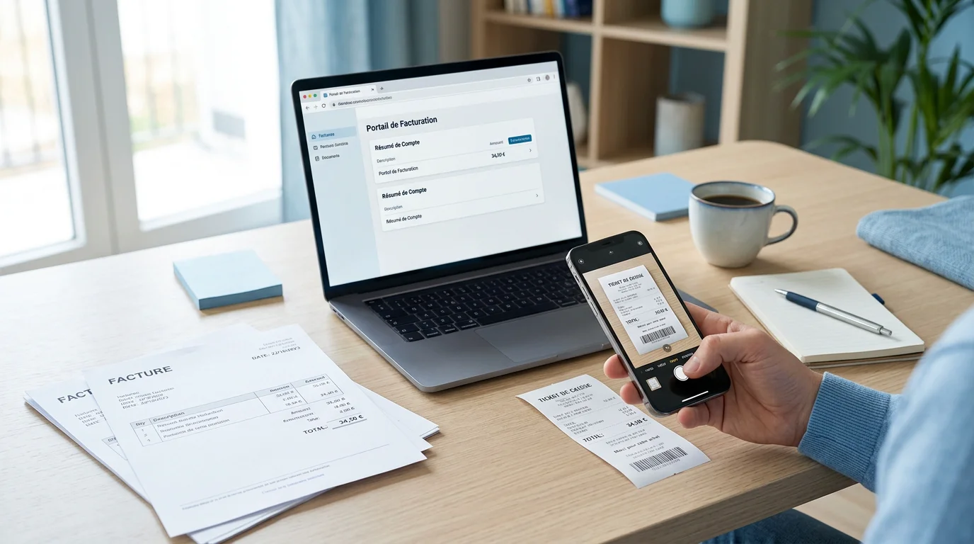 Bureau organisé avec factures et smartphone photographiant un reçu pour justifier des frais mixtes
