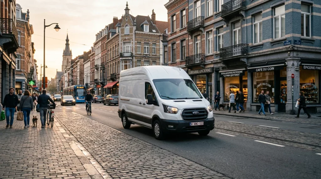 Véhicule utilitaire blanc circulant dans une rue urbaine belge à l'heure dorée