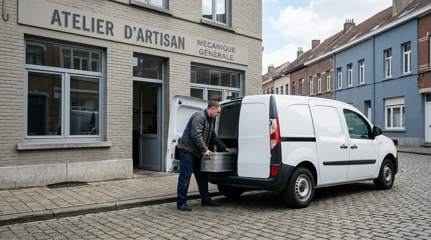 Camionnette utilitaire blanche stationnée devant un atelier professionnel en Belgique
