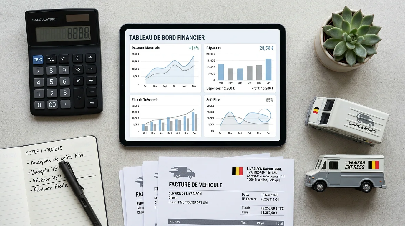 Bureau avec tableau de bord financier et factures liées à une camionnette professionnelle
