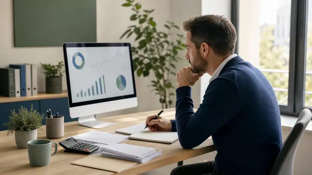 Indépendante analysant ses indicateurs financiers dans un bureau lumineux