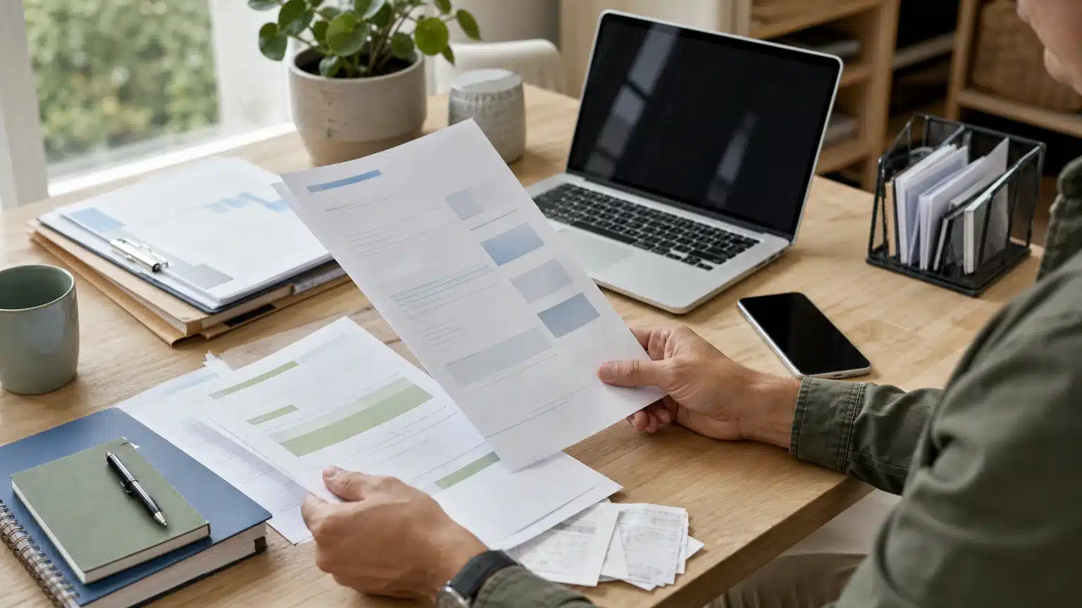 Documents professionnels centralisés autour d’un ordinateur et d’un smartphone