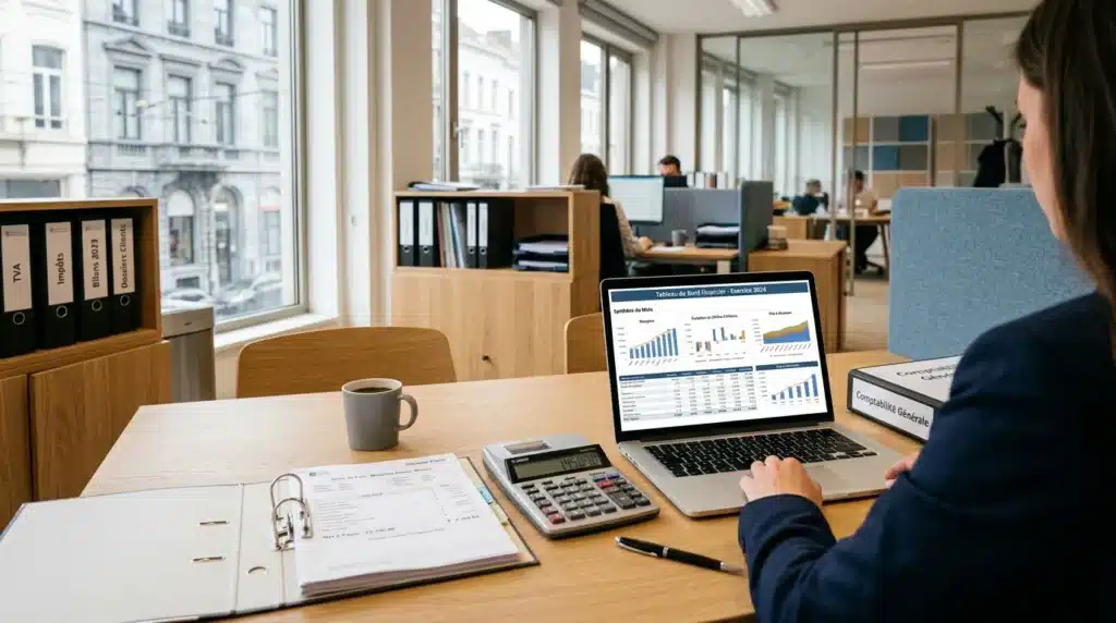 Bureau comptable belge avec fiche de paie, calculatrice et tableau de bord financier