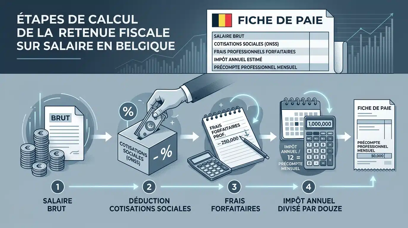 Schéma des étapes de calcul de la retenue fiscale mensuelle sur salaire en Belgique