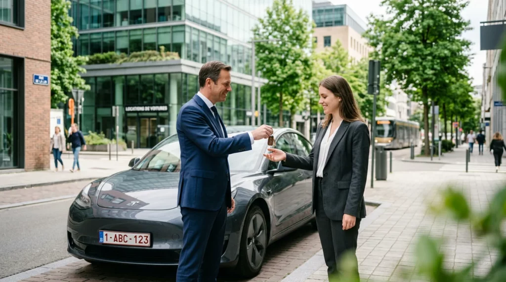 Remise de clés d'une voiture de société dans un cadre urbain moderne