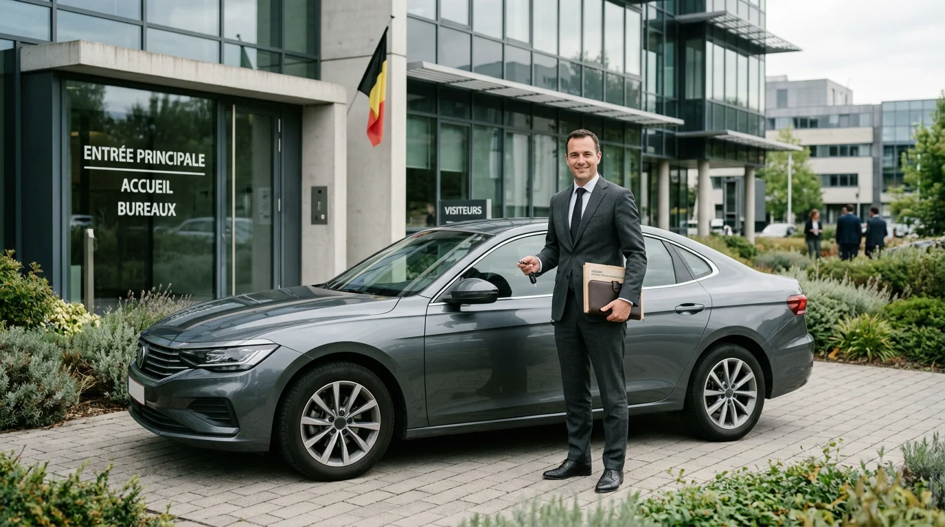 Un dirigeant tenant les clés d'une voiture de société devant un immeuble de bureaux