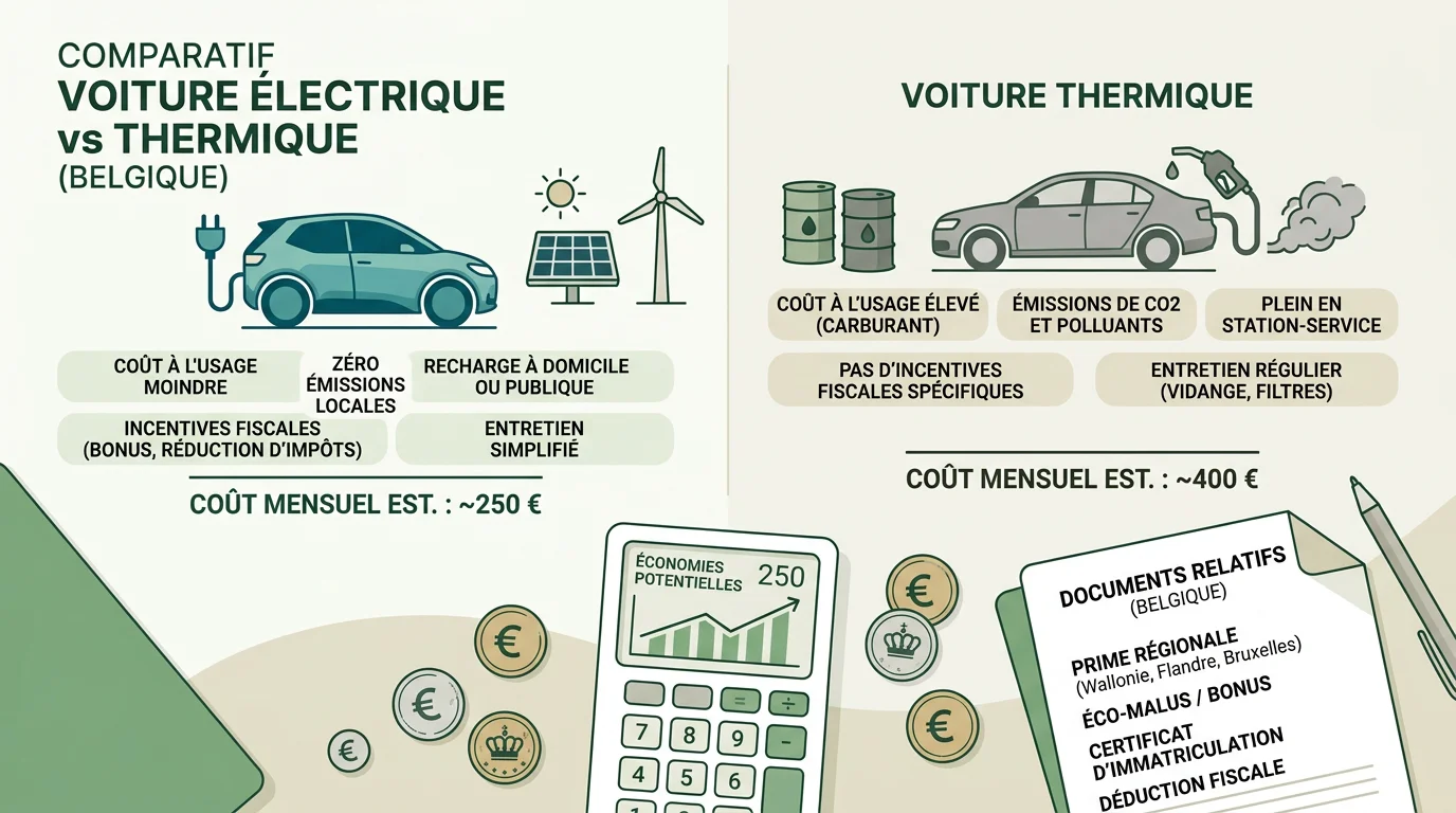 Comparaison illustrée entre une voiture électrique et une voiture thermique avec calculatrice