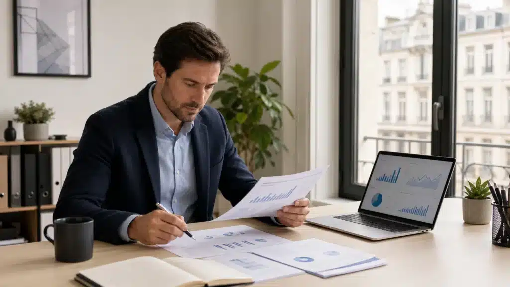 Entrepreneur préparant le plan financier de sa SRL sur des documents chiffrés