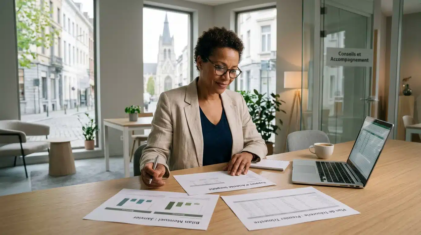 Entrepreneur consultant ses comptes annuels simplifiés dans un bureau à Bruxelles