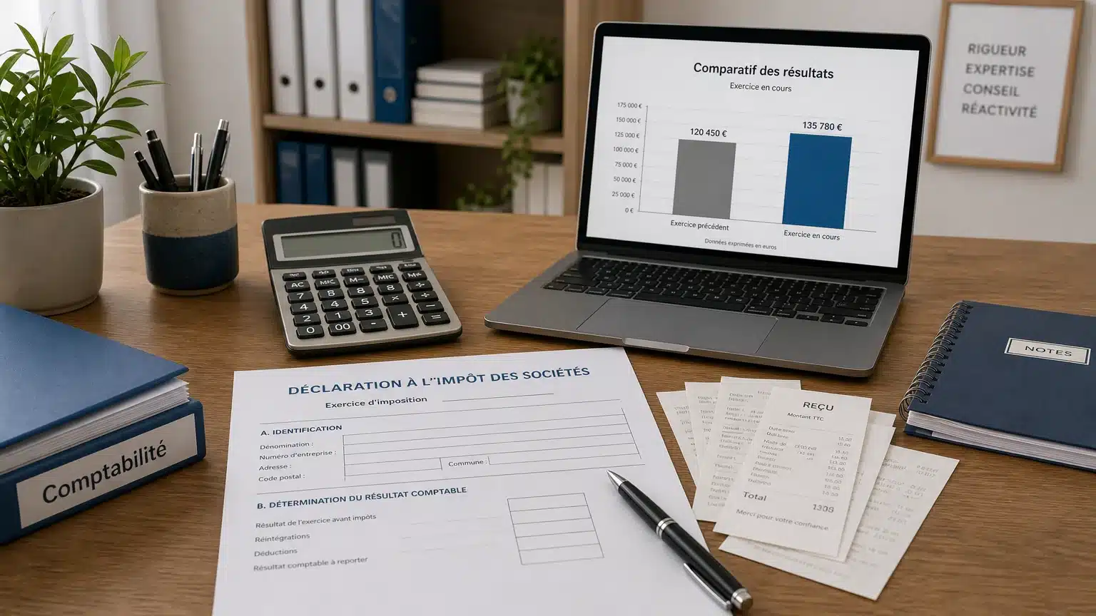Bureau avec une déclaration fiscale, une calculatrice et des reçus pour comparer forfait et frais réels