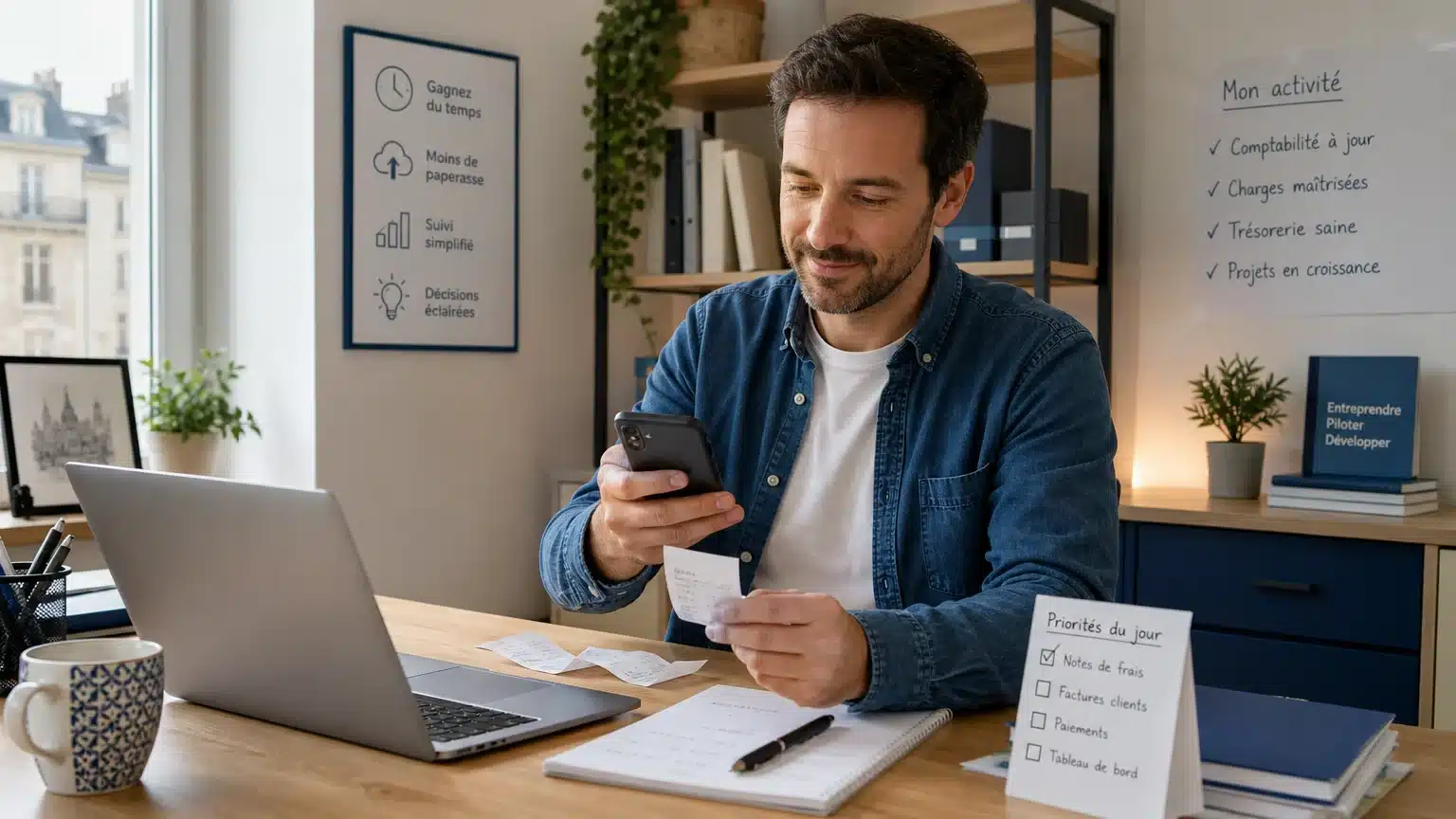 Indépendant photographiant un reçu depuis son bureau à domicile pour ses frais réels