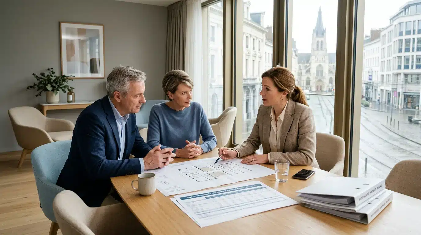 Investisseurs analysant la fiscalité d'un bien immobilier détenu via une société à Bruxelles