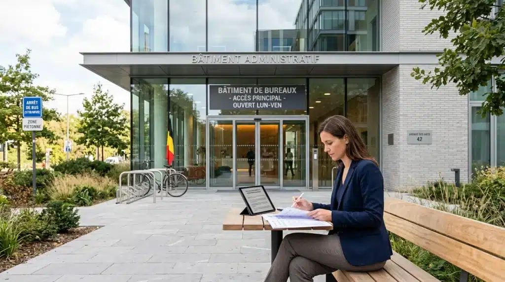 Professionnel examinant un bail et des documents fiscaux liés à la déduction d'un loyer professionnel en Belgique