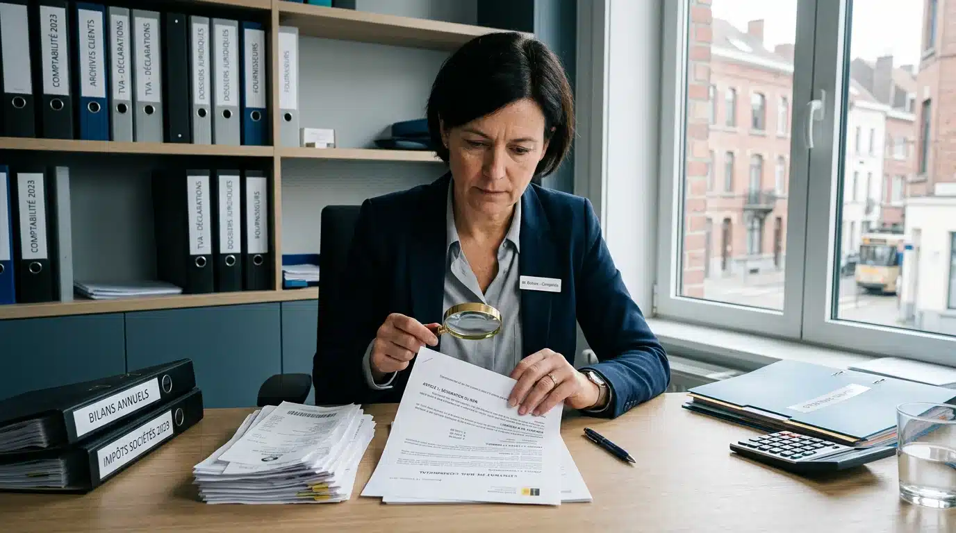 Comptable vérifiant un contrat de bail et des justificatifs de loyer professionnel