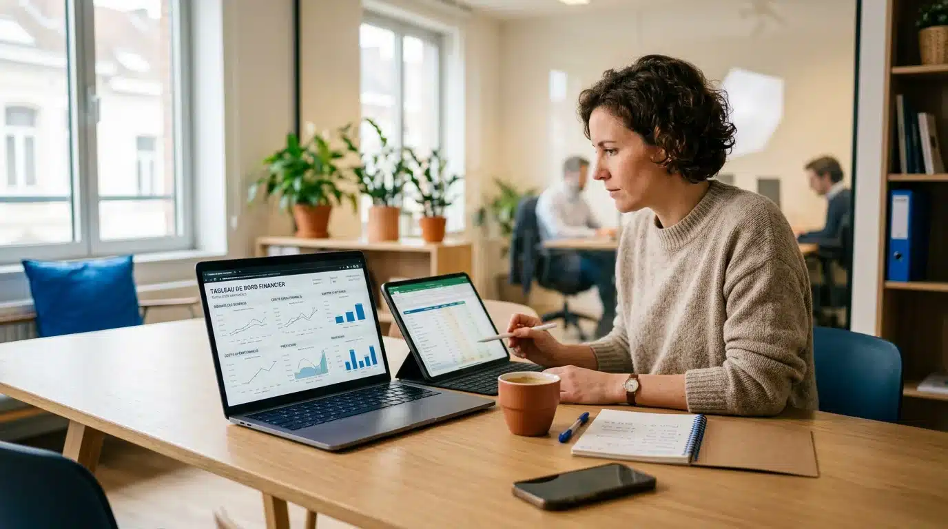 Entrepreneur analysant ses tableaux de bord financiers pour suivre son objectif de chiffre d'affaires