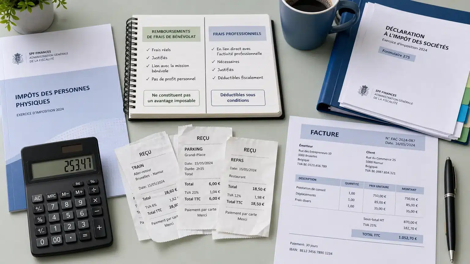 Documents fiscaux belges illustrant la séparation entre défraiement bénévole et frais professionnels