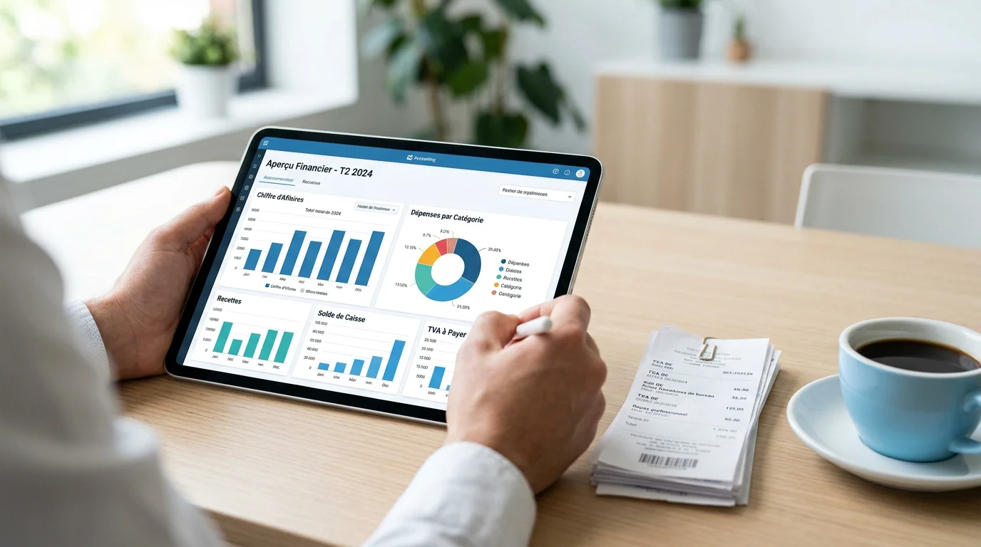 Tableau de bord comptable numérique et reçus organisés pour préparer un contrôle