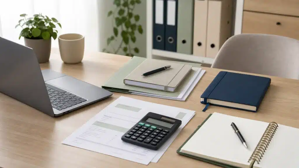 Bureau professionnel avec documents et matériel liés à une formation déductible