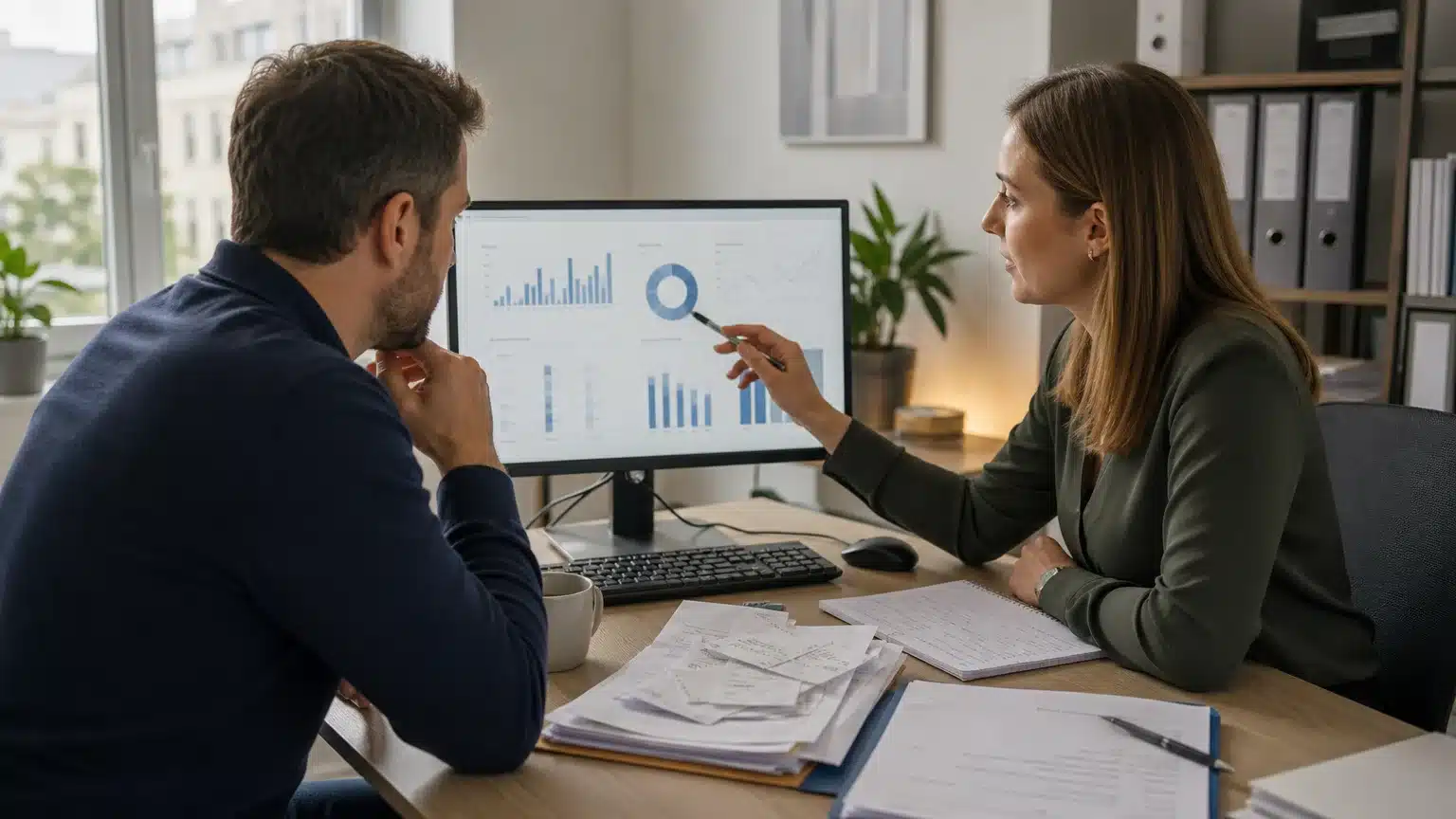 Échange entre un indépendant et une conseillère sur ses frais de formation