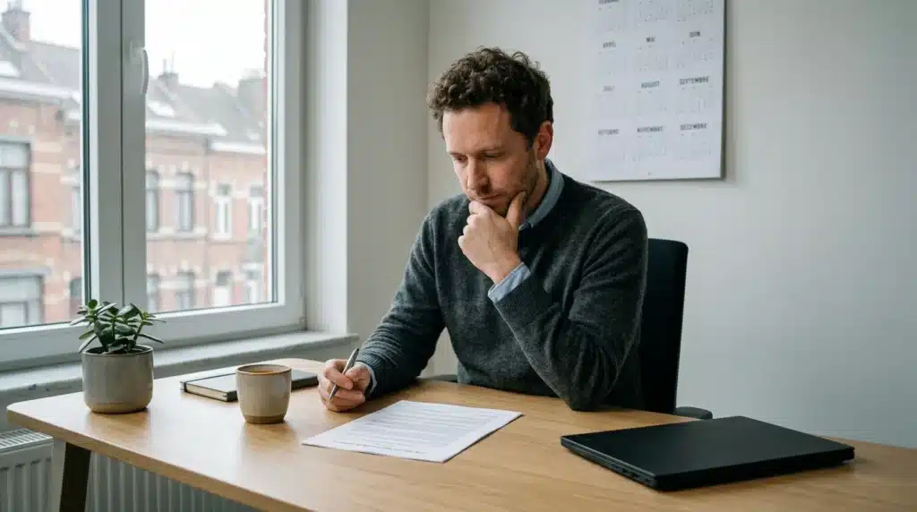 Entrepreneur indépendant réfléchissant à son contrat avec un client unique