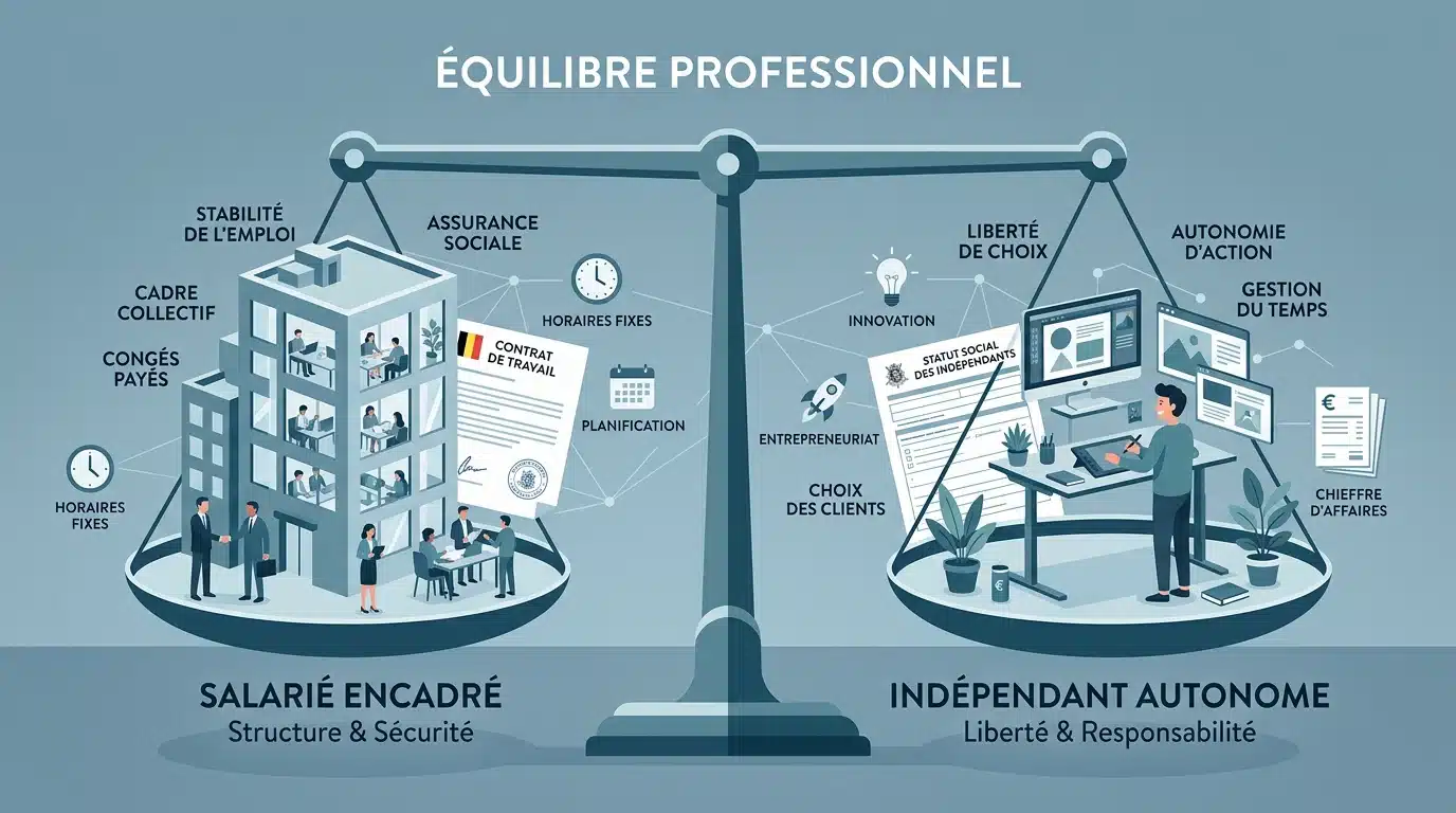 Illustration comparant le statut de salarié et celui d'indépendant en Belgique