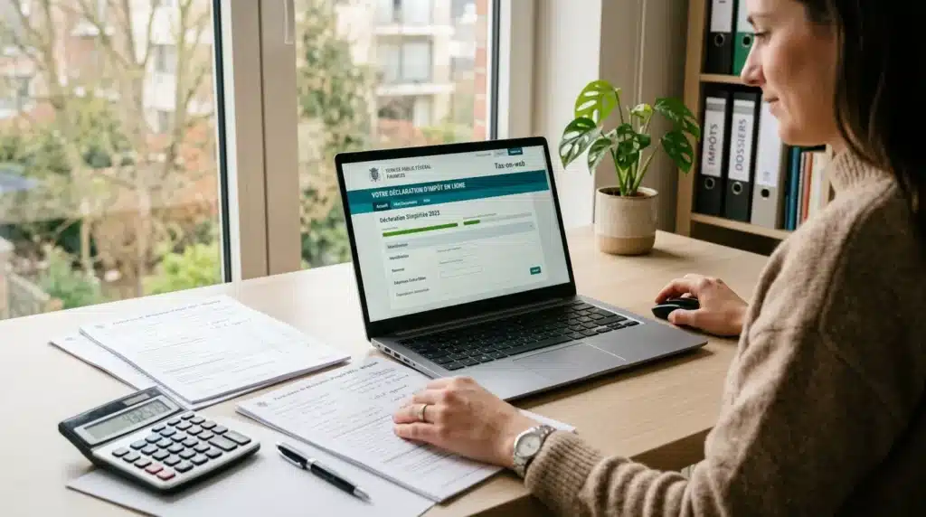 Bureau organisé avec ordinateur portable et documents fiscaux pour la déclaration en ligne