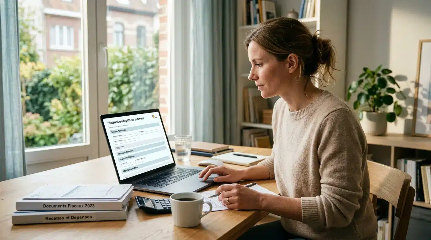 Personne remplissant sa déclaration d'impôt en ligne sur un ordinateur portable