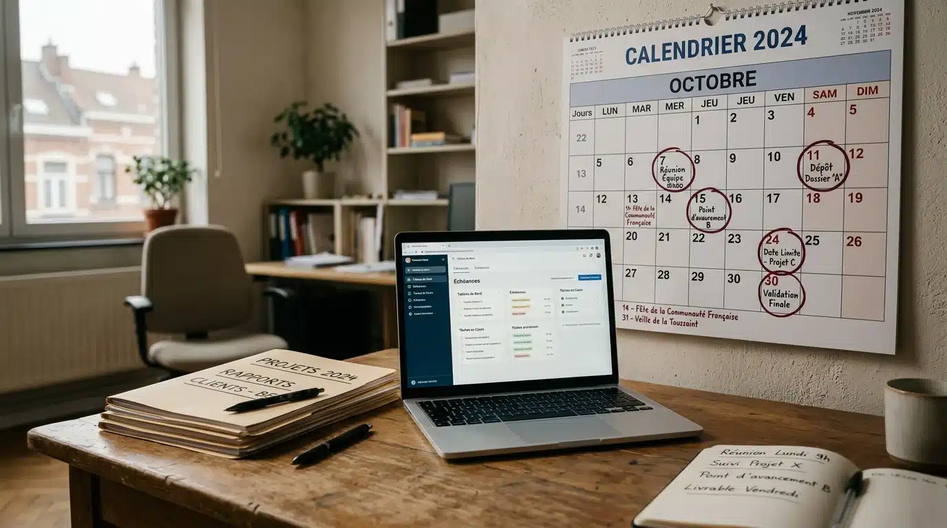 Calendrier fiscal avec dates limites entourées sur un bureau de travail