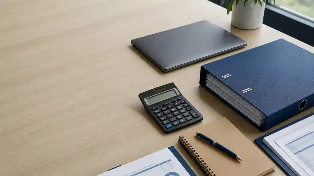 Bureau d’entreprise avec documents comptables, calculatrice et matériel de travail
