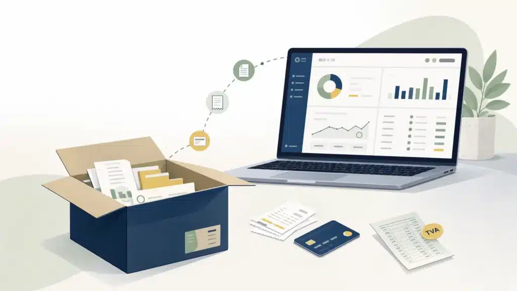 Illustration d’une boutique e-commerce reliée à des éléments de comptabilité et de paiement