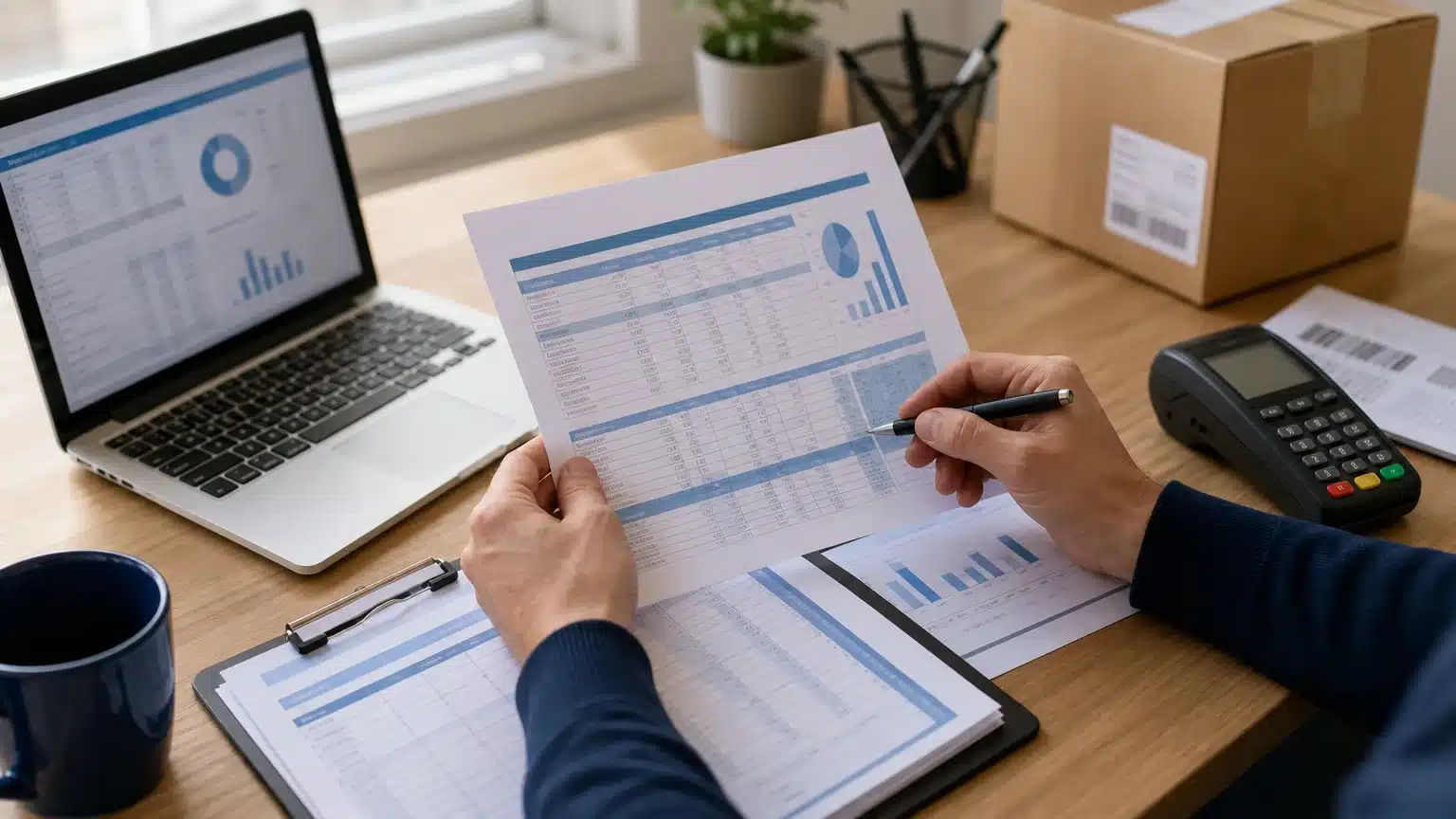Personne vérifiant des relevés de paiement et des documents de vente e-commerce