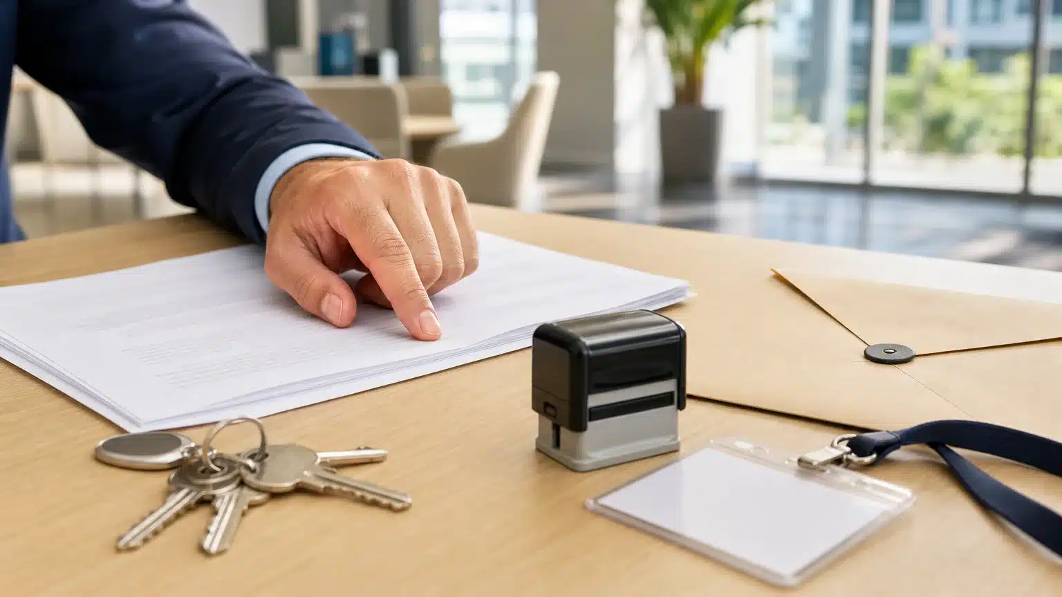 Entrepreneur vérifiant un contrat et les éléments d’une adresse professionnelle dans un centre d’affaires.