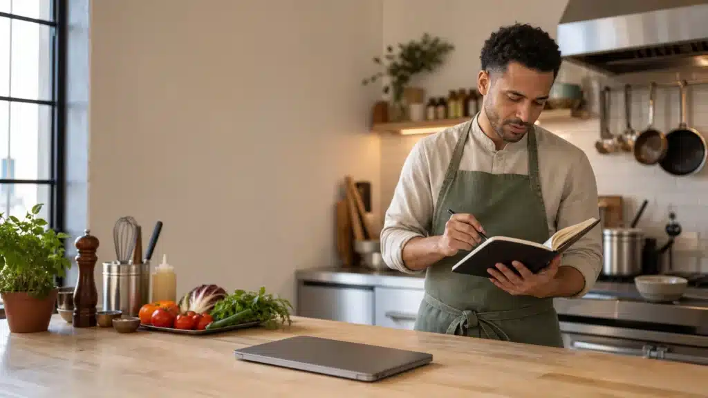 Professionnel indépendant de l’horeca préparant son activité dans une cuisine professionnelle