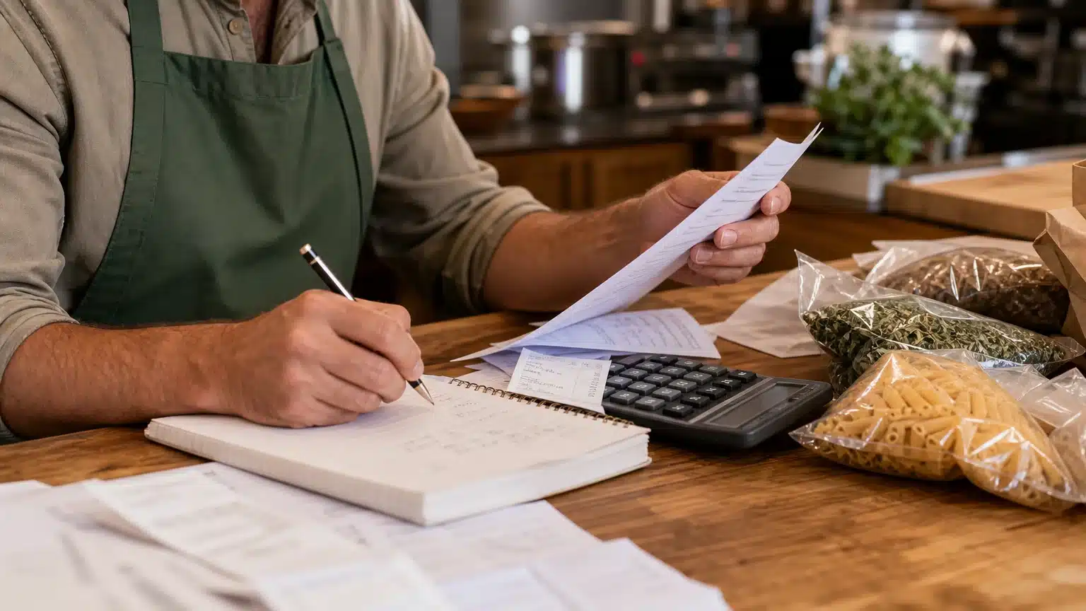 Indépendant horeca analysant ses coûts et ses documents de gestion