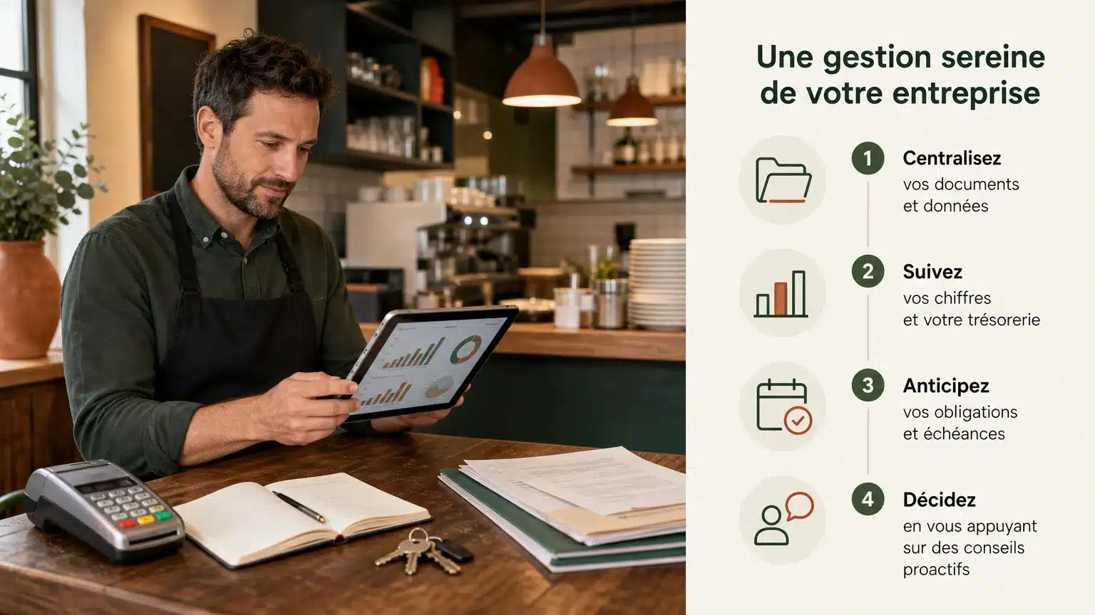 Entrepreneur horeca suivant sa trésorerie dans un établissement de restauration