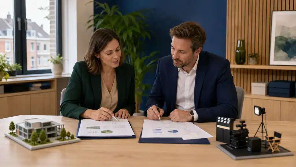 Dirigeants belges examinant des dossiers d’investissement et de fiscalité liés au tax shelter.