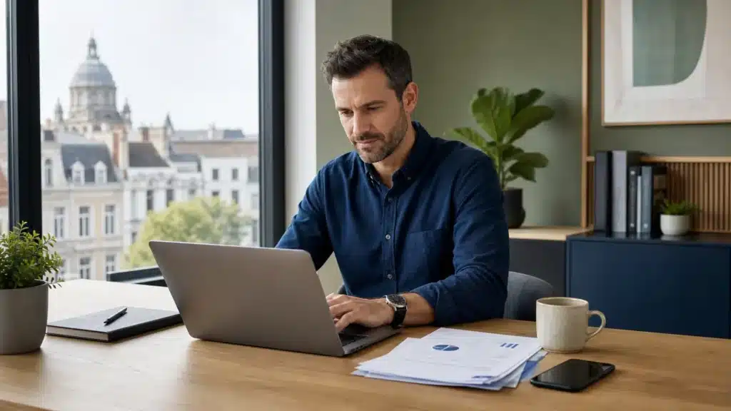 Entrepreneur belge organisant sa comptabilité en ligne sur ordinateur et smartphone