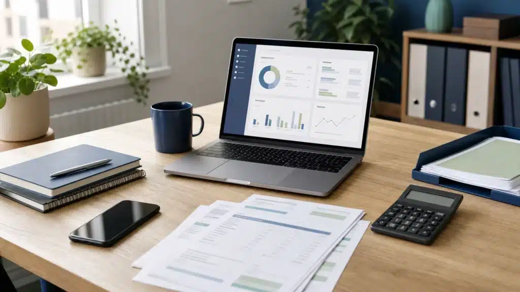 Bureau d’un indépendant avec ordinateur, smartphone et documents de facturation