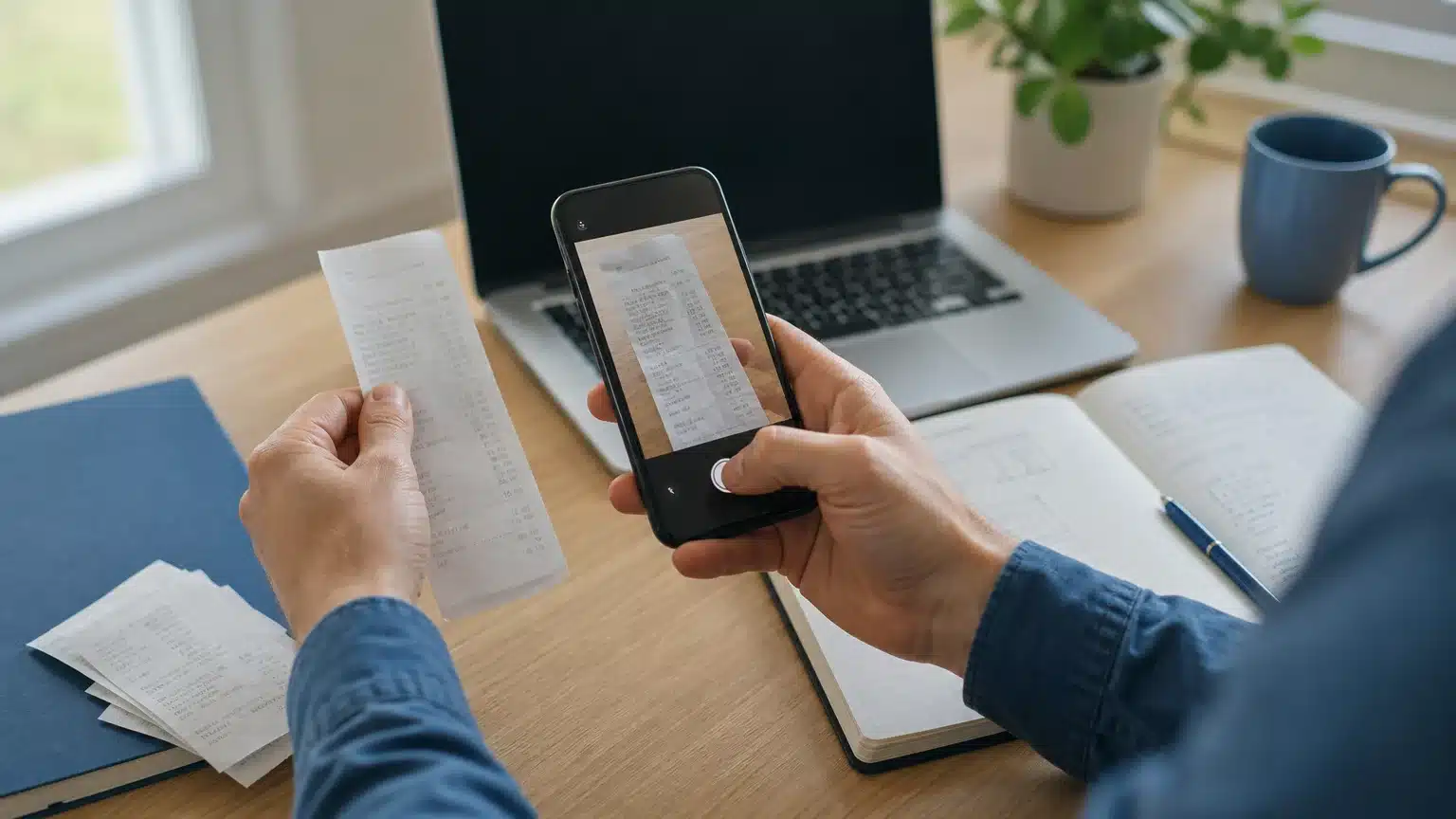 Indépendant numérisant un reçu avec un smartphone pour suivre ses dépenses
