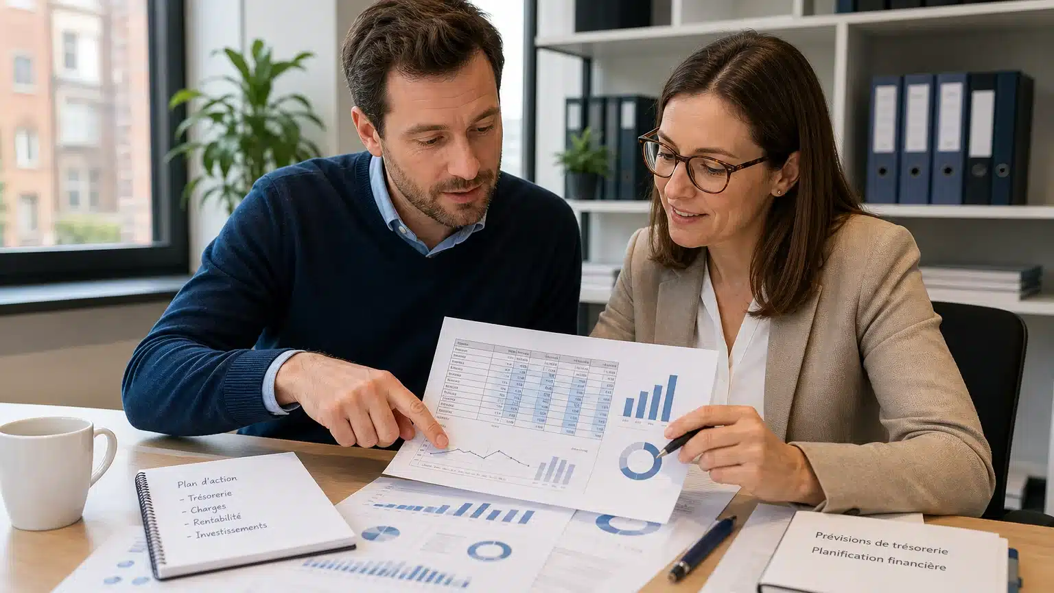Un entrepreneur et une professionnelle examinent des projections financières pour une SRL