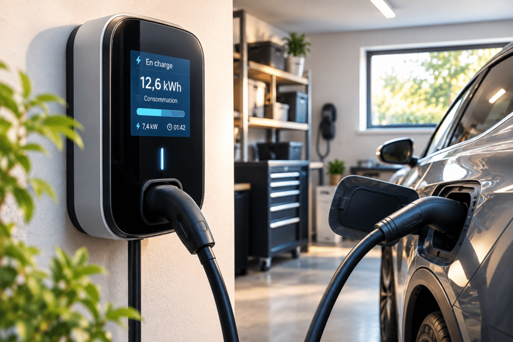 Borne de recharge domestique affichant les kWh consommés, une condition pour rembourser la recharge de la voiture de société